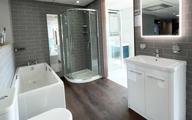Quadrant Shower Enclosure Straight Panel Bath Freestanding Vanity Unit And A LED Mirror