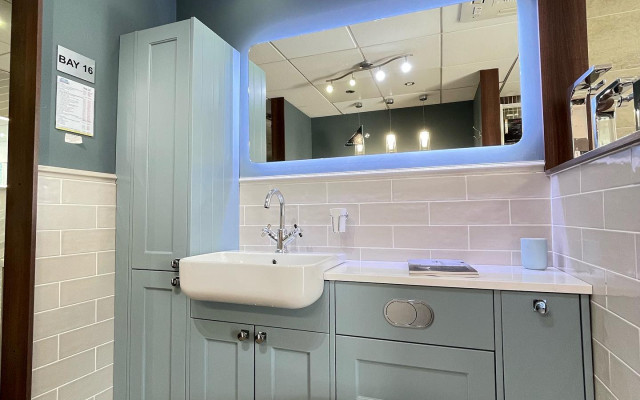 Fitted Blue Combination Unit With Cupboard Countertop Basin And Wall Hung Pan